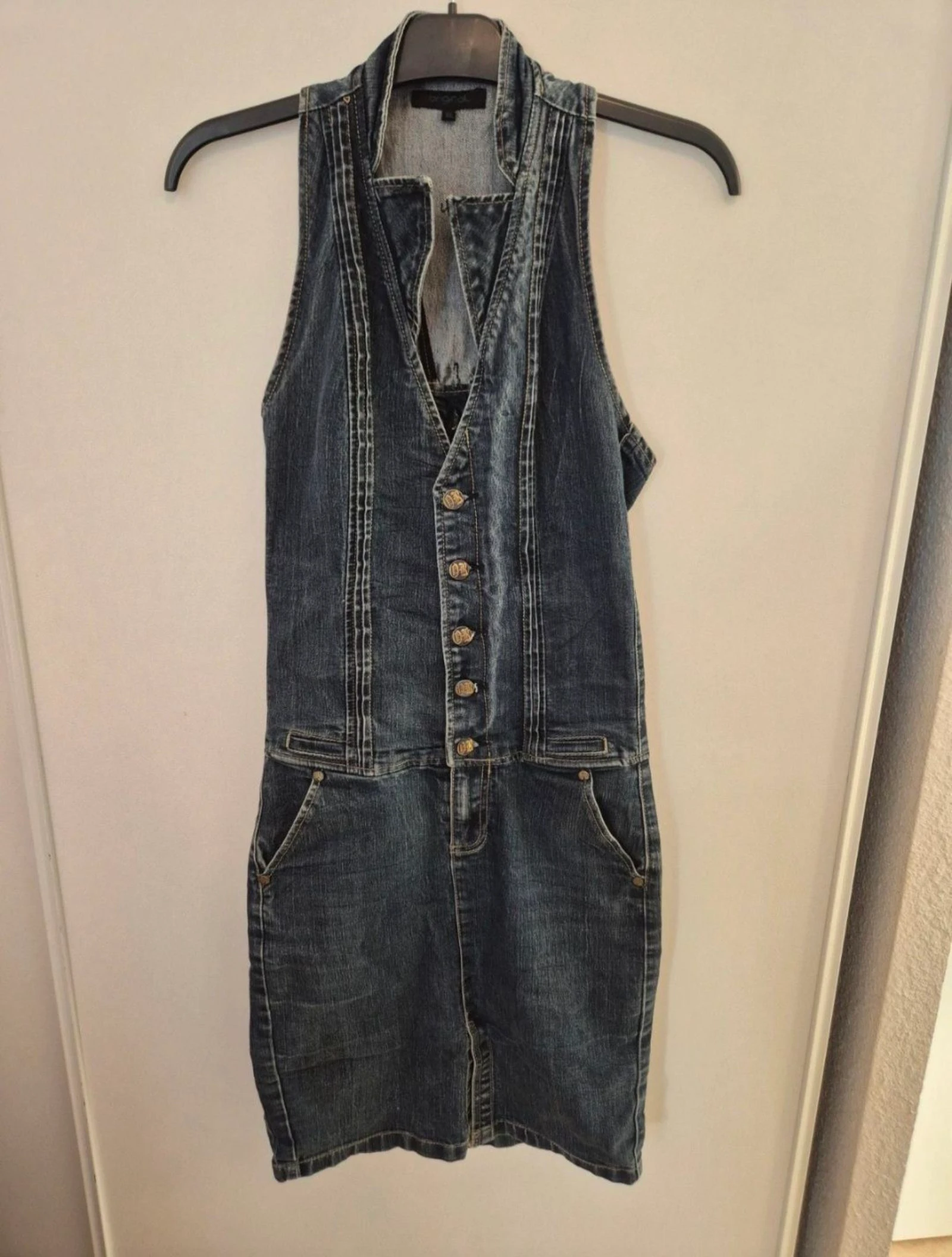 Robe en jean Original XS 34 sans manches denim bleu coupe cintrée boutons poches casual tendance